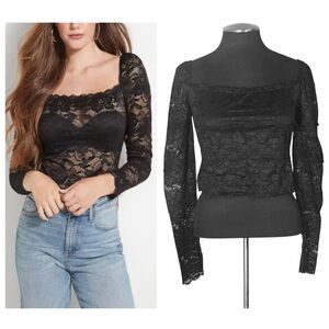 Guess – Black Lace Square Neck Long Sleeve Crop Top - Medium